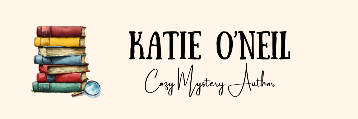 header- pile of books with a magnifying glass and words Katie O'Neil, Cozy mystery Author